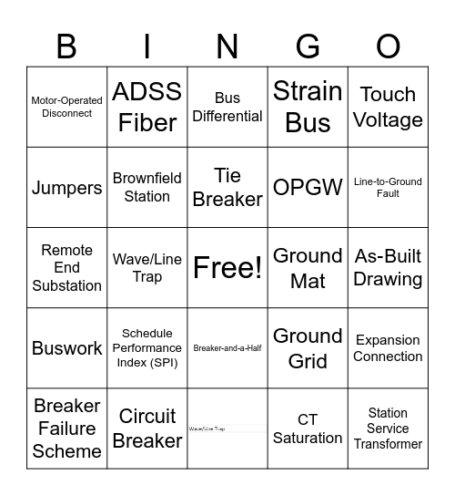 Substation Bingo Card