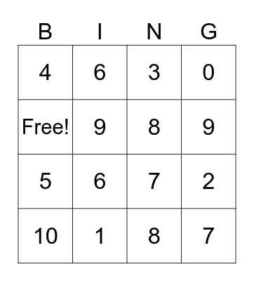 Addition and Substraction Bingo Card