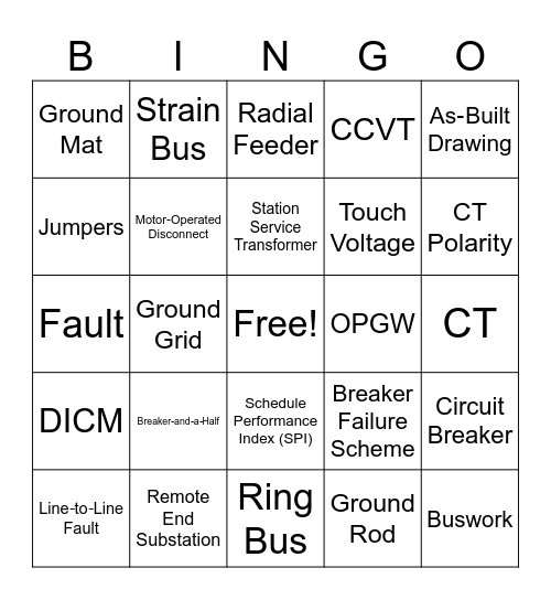 Substation Bingo Card