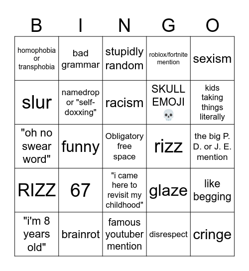 gen alpha comments bingo (inspired by DuckyDee) Bingo Card