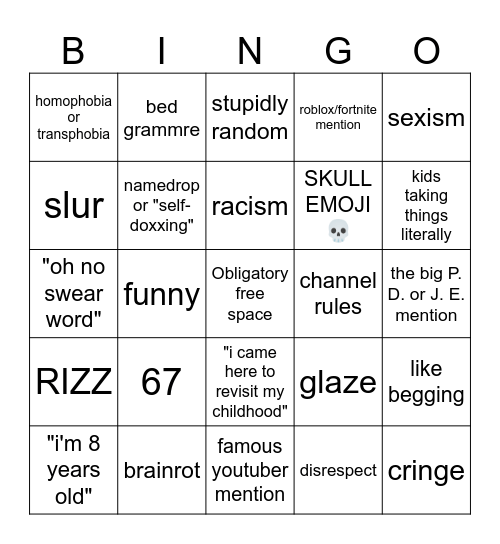 gen alpha comments bingo (inspired by DuckyDee) Bingo Card