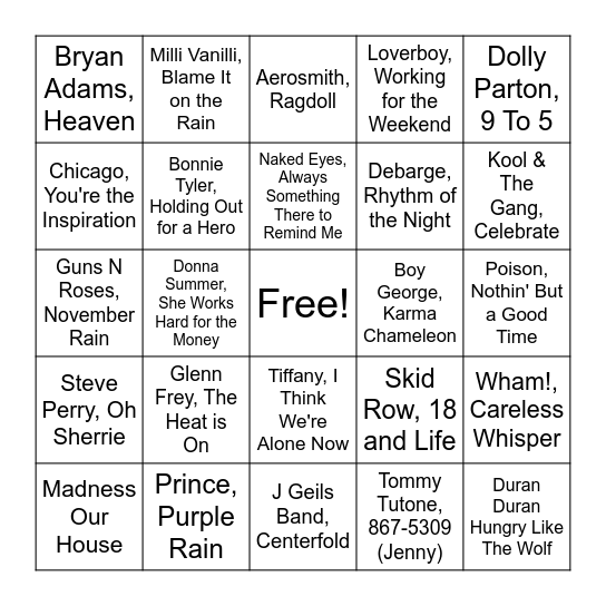 80's Bingo Card