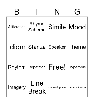SBAC Poetry Bingo Card