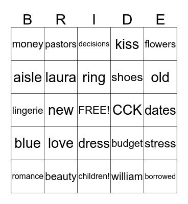 Mr. Hollenbeck's Bride Bingo Card