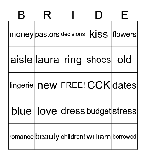 Mr. Hollenbeck's Bride Bingo Card