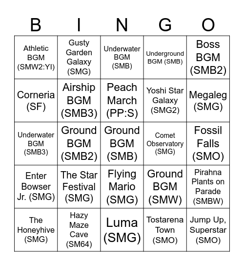 The Super Mario Galaxy Movie Music References Bingo Card