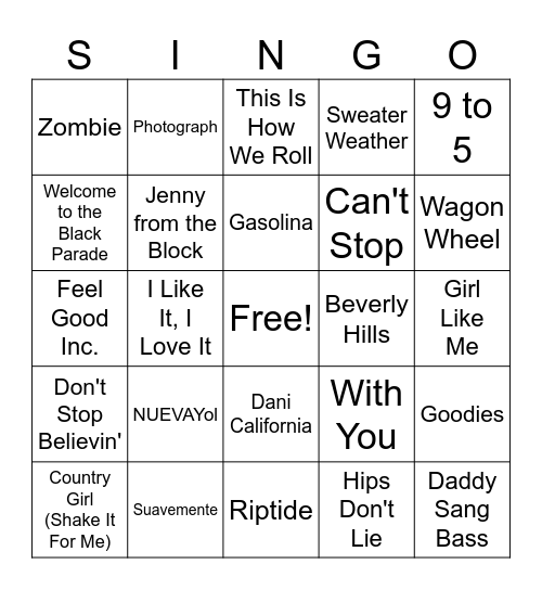 SINGO! Mixed Genre Edition Bingo Card