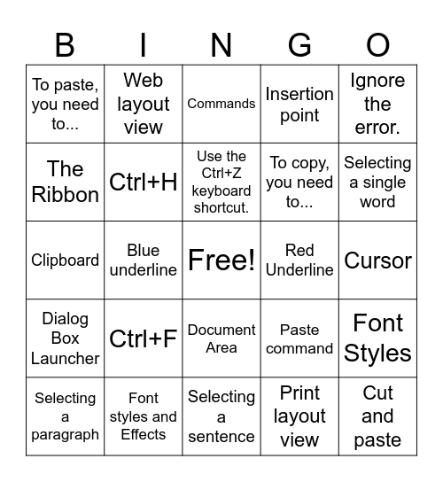 Gangler MS Word Essentials Review Bingo Card