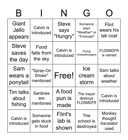 Cloudy with a chance of Meatballs Bingo Card