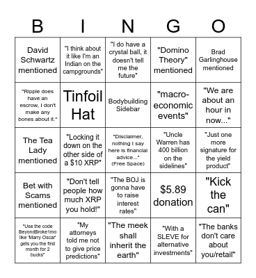 Jake Claver Live Bingo Card