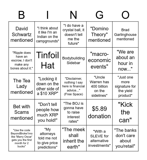 Jake Claver Live Bingo Card