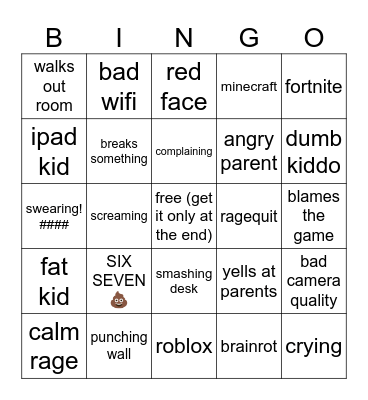 kids gaming rage bingo Card