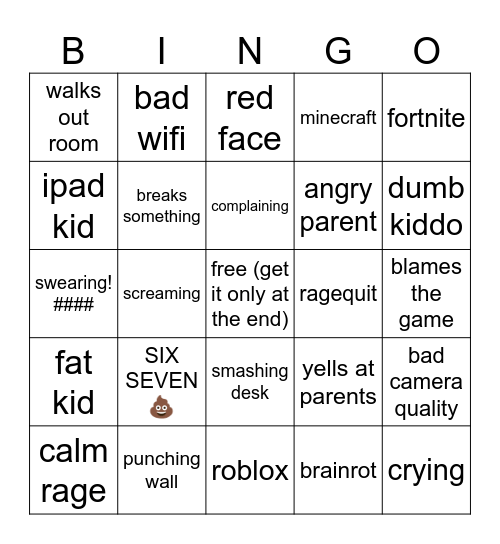 kids gaming rage bingo Card