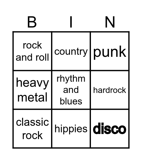 hudební styly 60.-9 Bingo Card