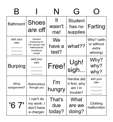 How You Know You're in a Middle School Bingo Card