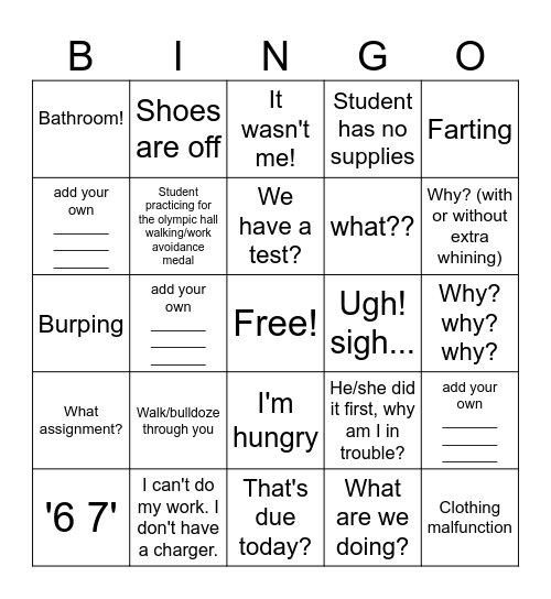How You Know You're in a Middle School Bingo Card