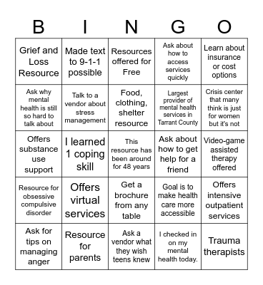 Did you bingo? Write your name and i.d. on the back and drop your sheet in the box in front of the counseling center! Bingo Card