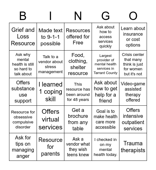 Did you bingo? Write your name and i.d. on the back and drop your sheet in the box in front of the counseling center! Bingo Card