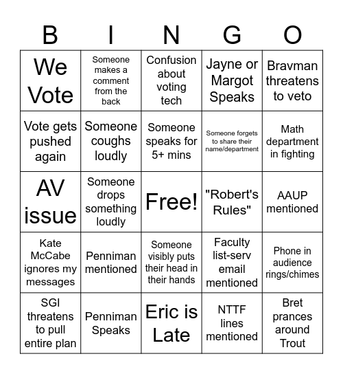 Faculty Meeting 3/31 Bingo Card