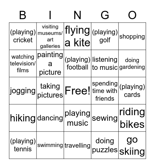 Leisure Activities Bingo Card