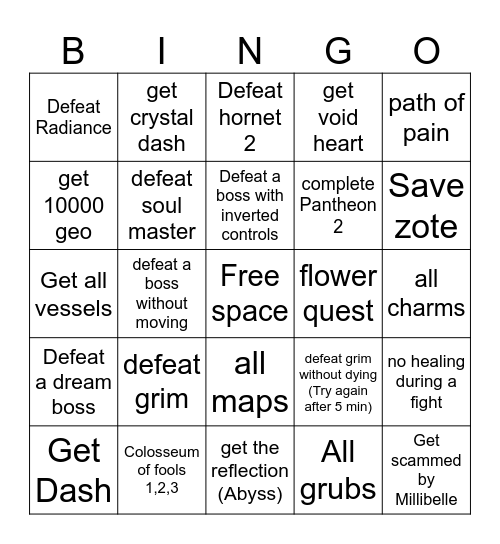 Hollow Knight Bingo Card