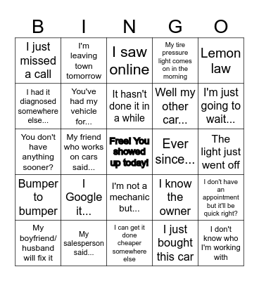 Service Advisor Bingo Card