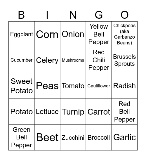 Vegetable Bingo Card