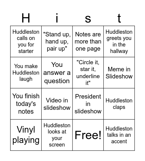 Huddleston Bingo Card