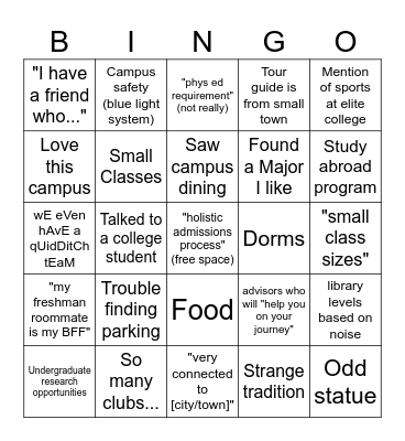 College Tour Bingo Card