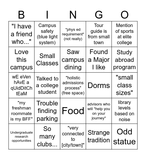 College Tour Bingo Card