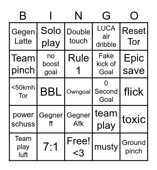 Rocket League Bingo Card