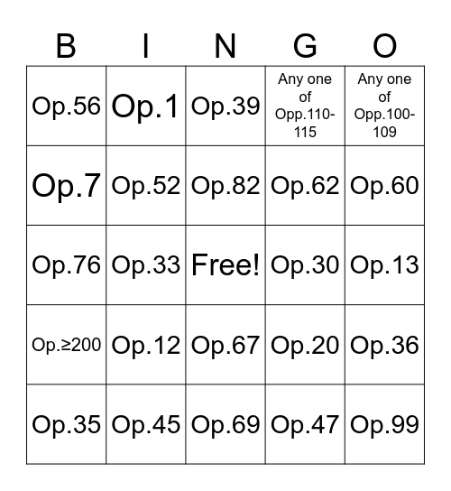 Opus Number Bingo Card