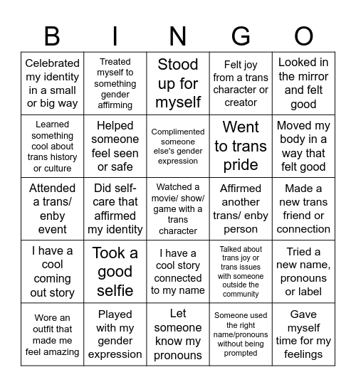 Trans Joy Bingo - find someone who has... Bingo Card