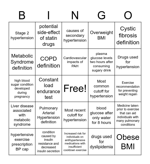 Special Populations Review Bingo Card