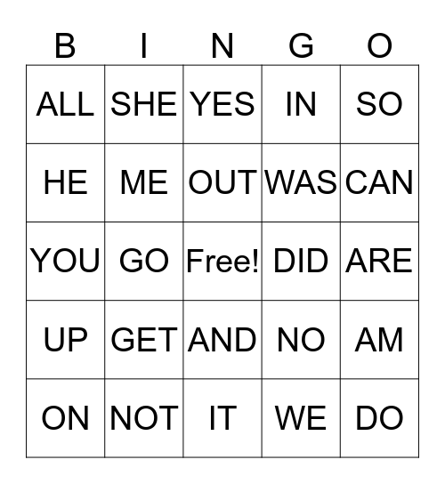 EARLY WORDS Bingo Card