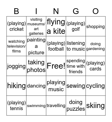 Leisure Activities Bingo Card