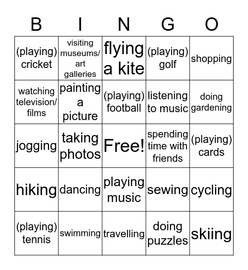 Leisure Activities Bingo Card