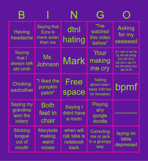 Morrissey & Marykate Bingo Card