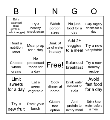 Nutrition Bingo Card