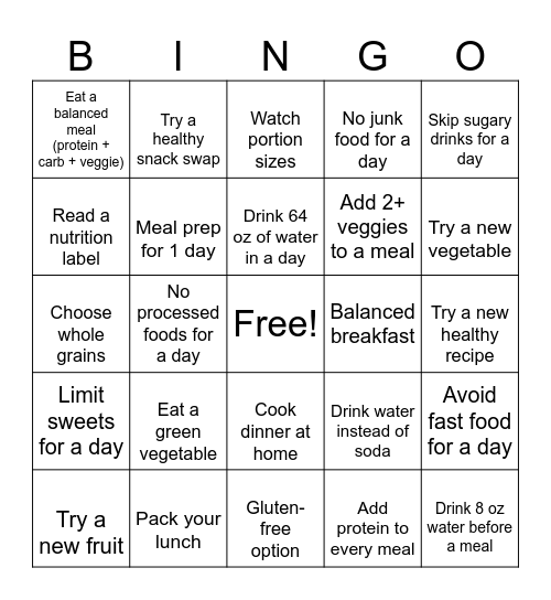 Nutrition Bingo Card