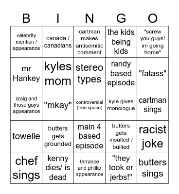 south park bingo Card