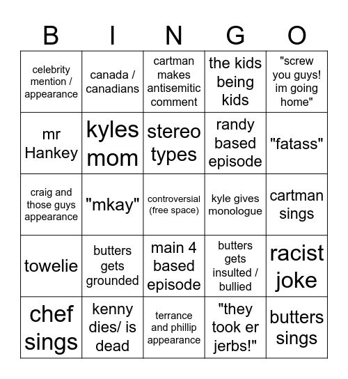 south park bingo Card