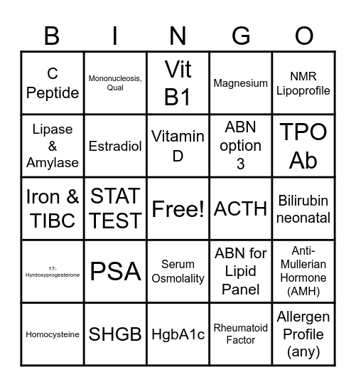 Lab Test Bingo Card