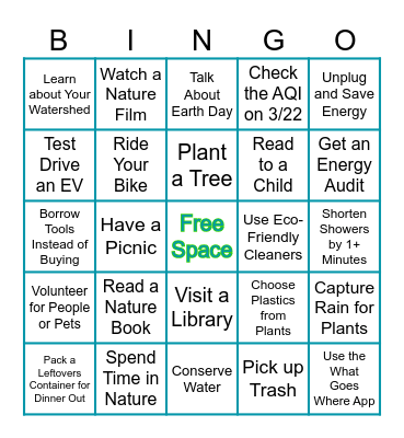 Earth Month Bingo Card