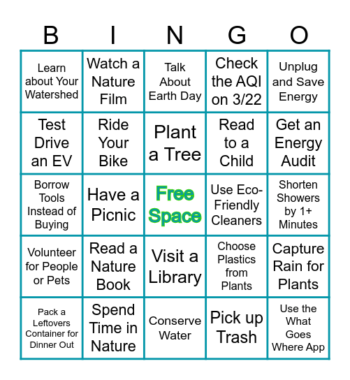 Earth Month Bingo Card