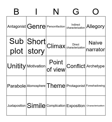 English 1201 short story Bingo Card
