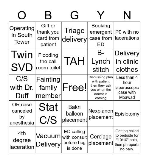 ObGyn Bingo Card