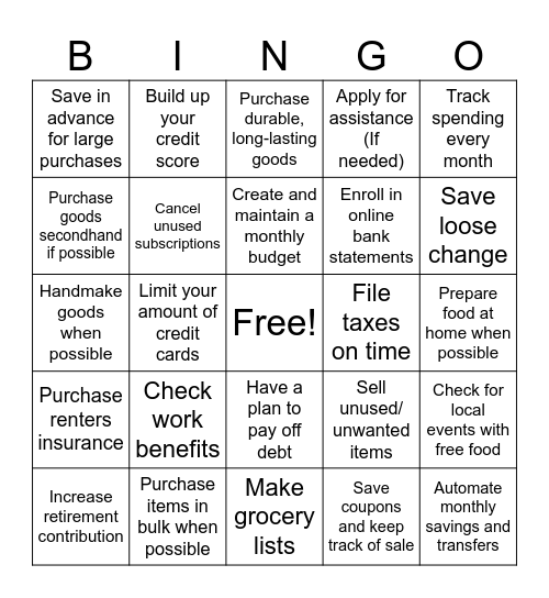 Financial Wellness Bingo Card