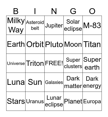 Solar system bingo Card