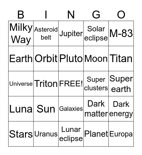 Solar system bingo Card